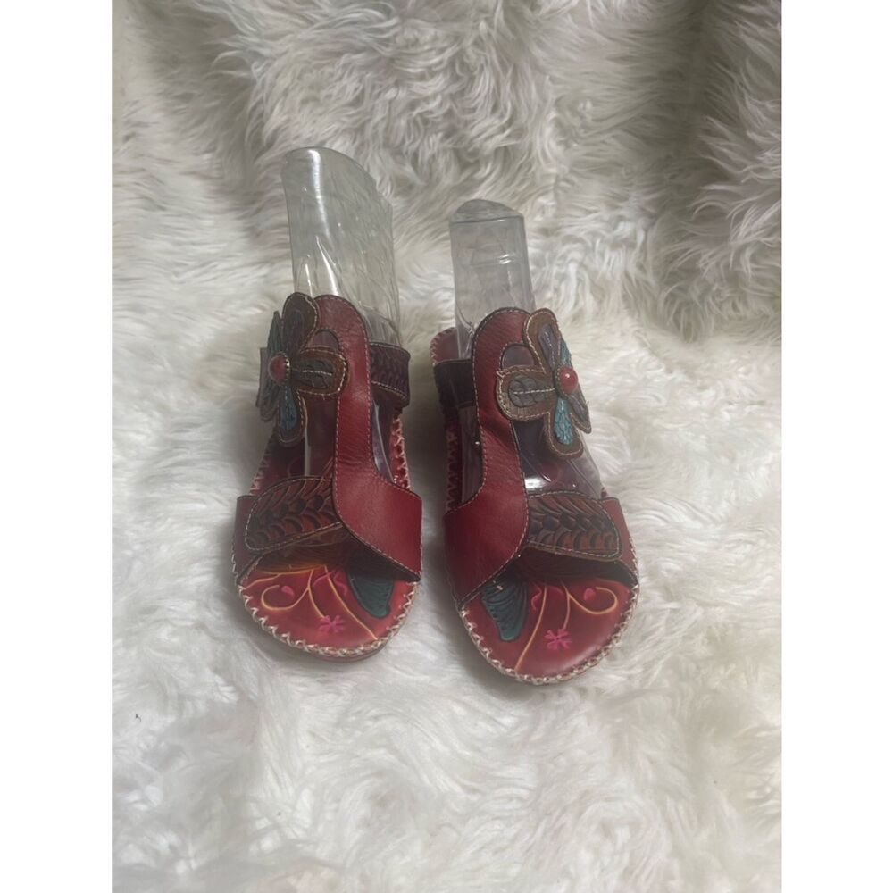Socofy Boho Red Floral Leather Slide wedge Sandals floral appliqué EUR SZ41